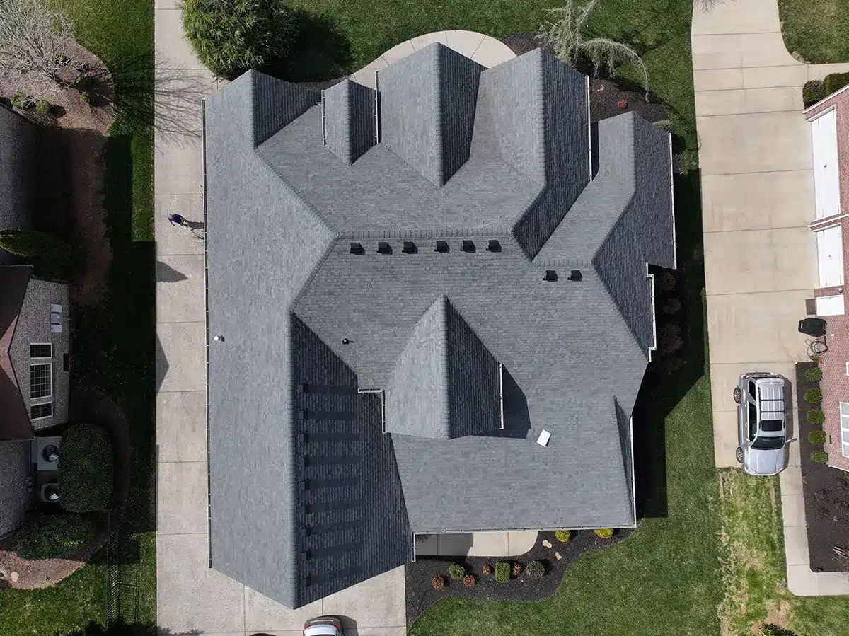 Aerial view of a completed roof replacement on a Brentwood TN estate home