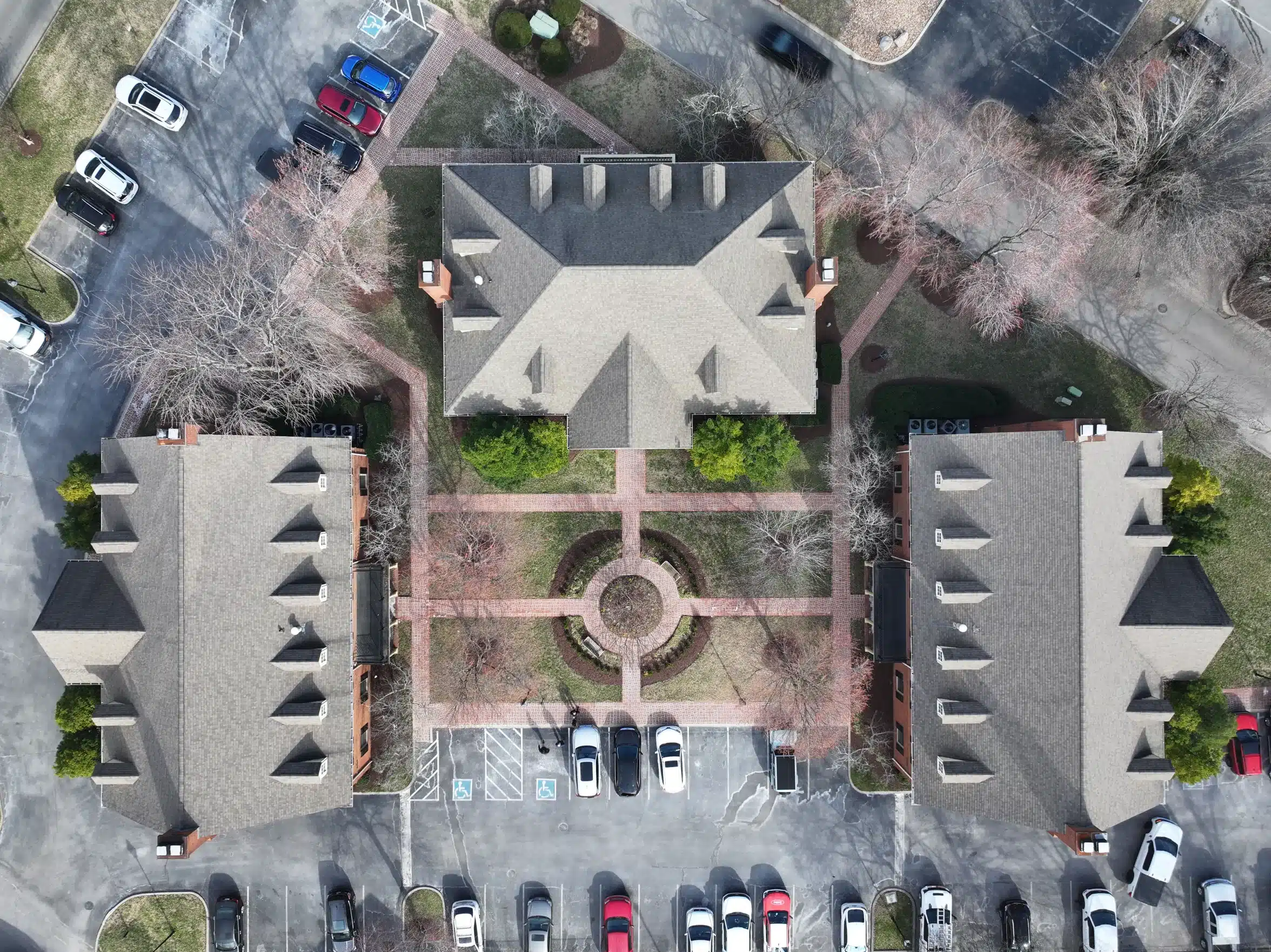 Aerial view of a completed roof replacement Nashville home by Southern Roofing Co.