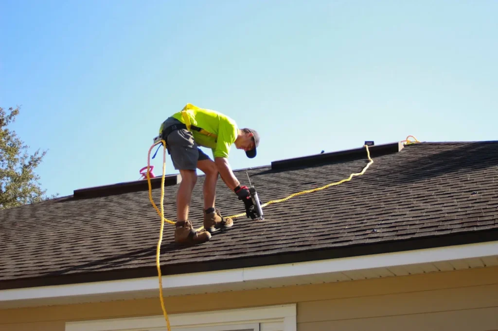 Roofer installing new asphalt shingles during a roof replacement