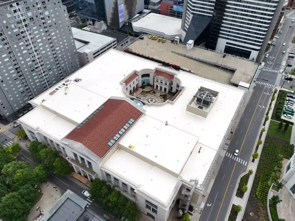 Aerial view of the Nashville Library when Southern Roofing Co. partnered with them to install their roof. Commercial Roofing Installation Nashville TN