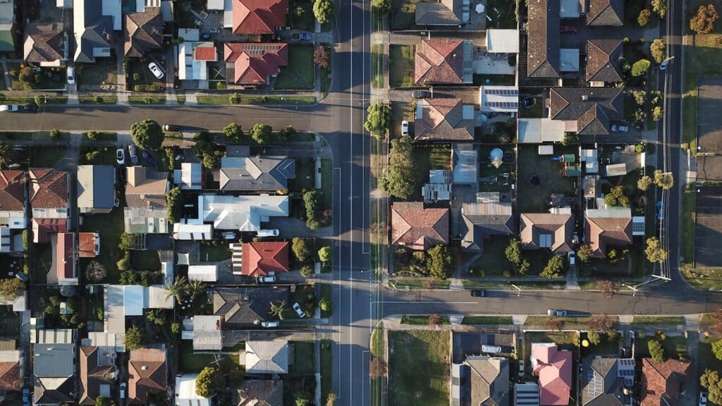 Aerial view of suburban neighborhood rooftops in Hermitage, TN