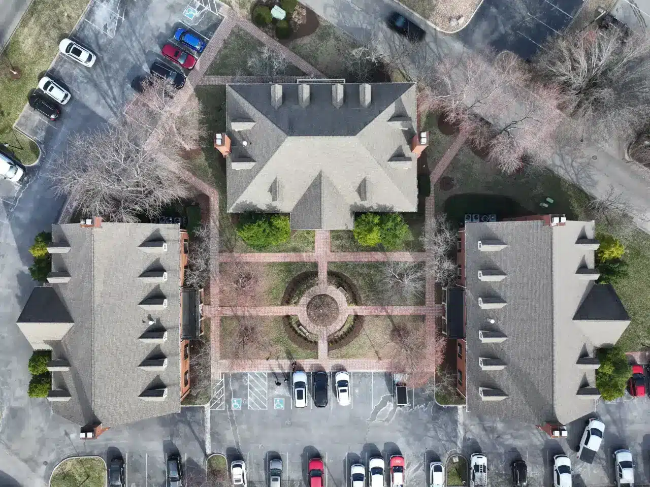 Aerial view of Nashville-area homes with completed shingle roof replacements by Southern Roofing Co.